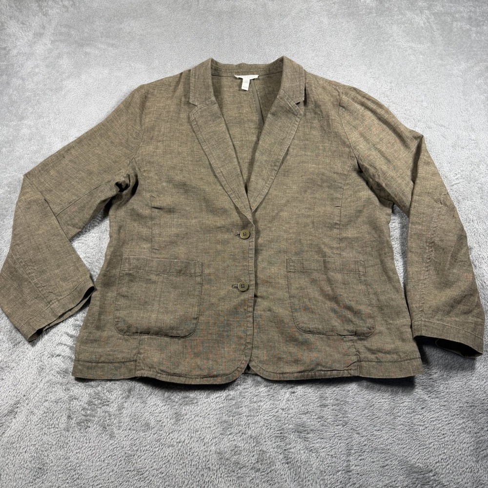 Eileen Fisher Organic Linen Blazer Women Petite Large Brown Button Front Pocket